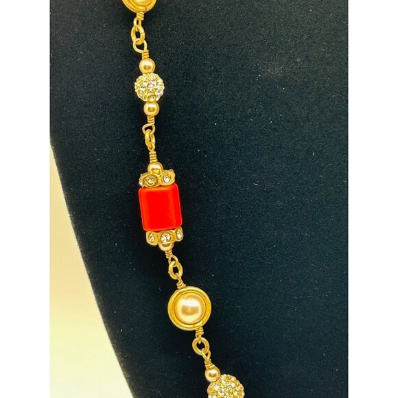 J Crew Necklace Orange Beads & Faux Pearl Rhinestone Brass Chain Preppy - Picture 4 of 8
